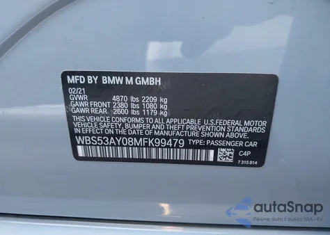 2021 BMW M3 Sedan from USA, damaged, VIN WBS53AY08MFK99479